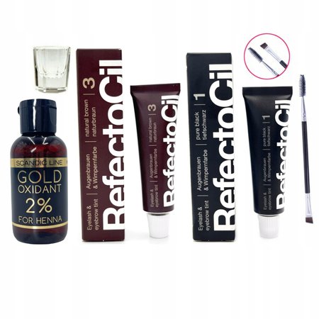 REFECTOCIL Henna żelowa CZARNA 1 + BRĄZOWA 3 + Woda Scandic Line 2% + Pędzelek + Kieliszek