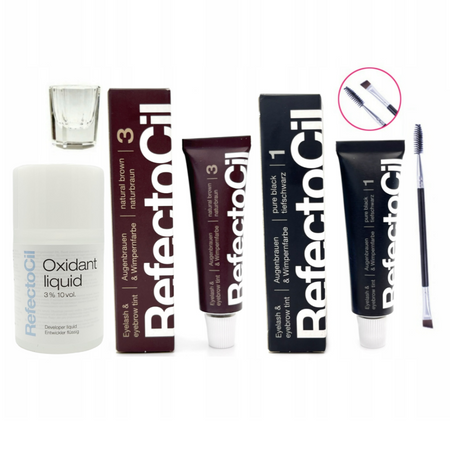 REFECTOCIL Henna żelowa CZARNA 1 + BRĄZOWA 3 + Woda 3% w płynie + Pędzelek + Kieliszek