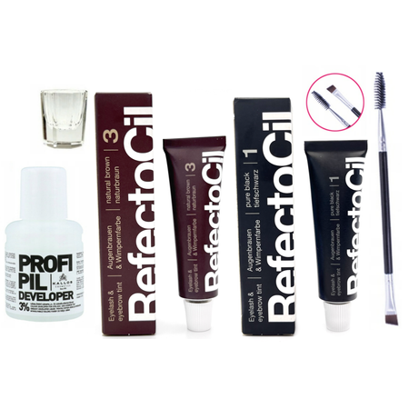 REFECTOCIL Henna żelowa CZARNA 1 + BRĄZOWA 3 + Woda Kallos 3% + Pędzelek + Kieliszek