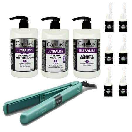 CAPILLUS Zestaw do prostowania włosów Szampon Balsam Serum Ampułki ULTRALISS + PROSTOWNICA 3d therapy