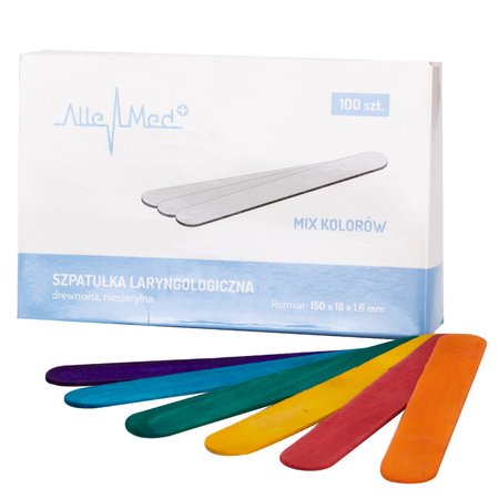 AlleMed Szpatułki drewniane jednorazowe do wosku depilacji 100 szt. - MIX KOLORÓW