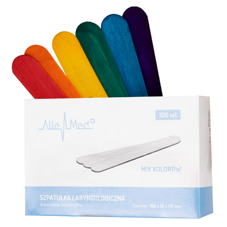 AlleMed Szpatułki drewniane jednorazowe do wosku depilacji 100 szt. - MIX KOLORÓW