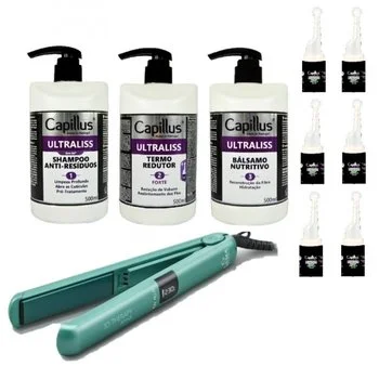 CAPILLUS Zestaw do prostowania włosów Szampon Balsam Serum Ampułki ULTRALISS + PROSTOWNICA 3d therapy